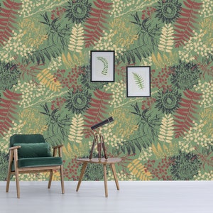 Green botanical wallpaper, floral wall mural | self-adhesive, removable, peel & stick wall mural, wall decor