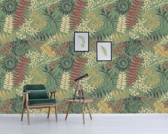 Green Botanical Wallpaper, Floral Peel and Stick Wall Mural