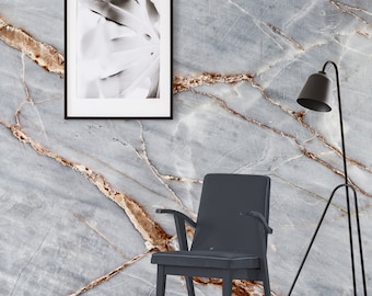 Silver Brown Marble Peel and Stick Wallpaper, Removable Wall Mural