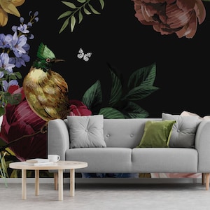 Black wallpaper with pink and red roses, self adhesive, peel and stick floral wall mural