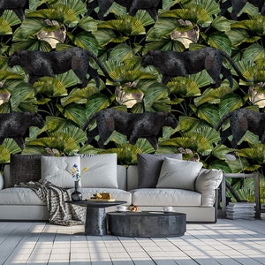Tropical green leaves on a black background with black puma, leaf pattern, wallpaper | self-adhesive, removable, peel and stick wall mural