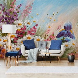 Daisies and colorful flowers abstract painting, peel and stick wall mural
