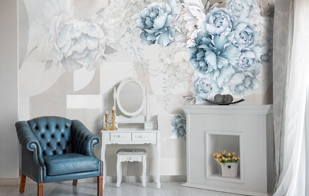 Blue Peony Watercolor Wallpaper, Geometric Wall Mural, Peel and Stick ...