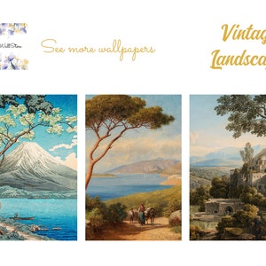 May include: Three vintage landscape paintings. The first painting shows a mountain with a lake in the foreground. The second painting shows a coastal scene with a bay and a mountain in the distance. The third painting shows a landscape with a building and a bridge in the foreground.