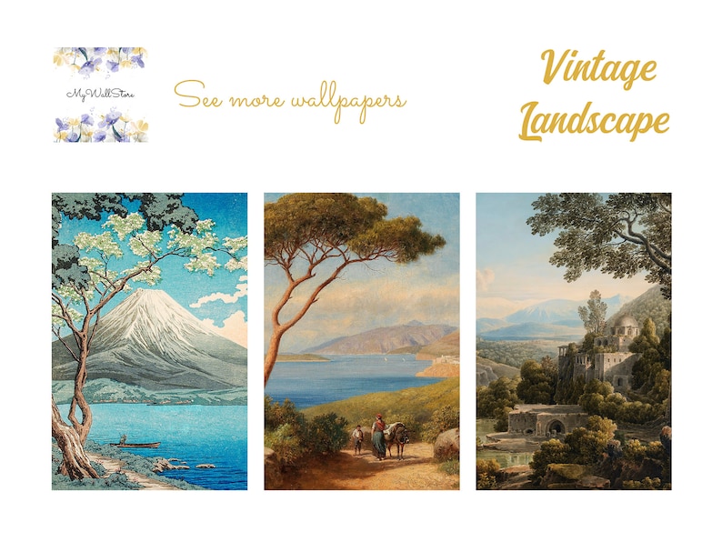 May include: Three vintage landscape paintings. The first painting shows a mountain with a lake in the foreground. The second painting shows a coastal scene with a bay and a mountain in the distance. The third painting shows a landscape with a building and a bridge in the foreground.
