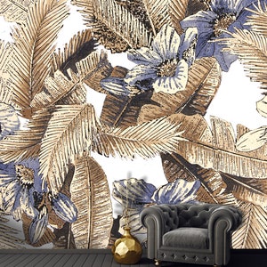 Carta da parati con fiori tropicali, orchidea blu e motivo ornamentale marrone, decorazione da staccare e incollare, decorazione da parete, autoadesiva, riutilizzabile