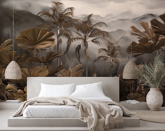 Brown Tropical Trees Wall Mural, Vintage Tropical Wallpaper | Peel and Stick (Self Adhesive) or Non Adhesive Vinyl Paper