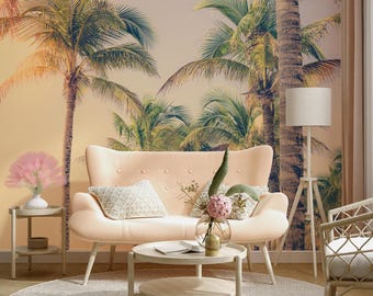 Papel de parede mural com palmeiras tropicais, pôr do sol no céu, adesivo ou vinil.