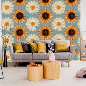 motif automne vintage, motif marguerites, motif tournesols, floral, botanique Papier peint | Papier peint autocollant, amovible, autocollant