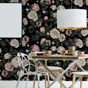 Dark vintage wallpaper with pink and white roses, self adhesive, peel and stick floral wall mural