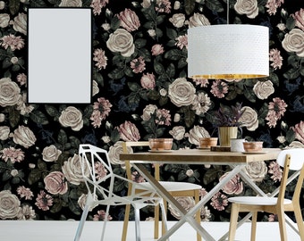 Dark Floral Wallpaper, Pink and White Roses, Peel and Stick Wall Mural