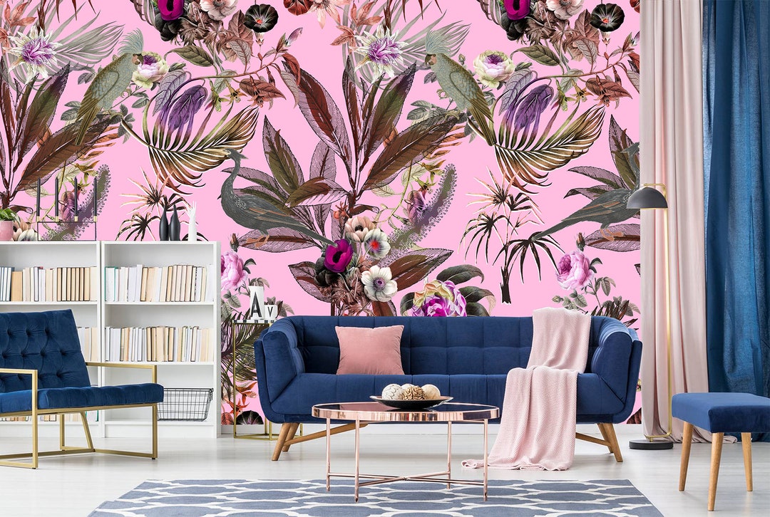 Bright Pink Floral Wallpaper, Tropical Roses, Peel and Stick Wall Mural
