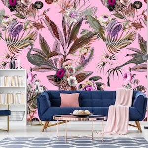 Helle rosa Tapete mit bunten Blumen und Blättern, Rosen, selbstklebend, tropisches Muster, Schälen und aufkleben, Wandbild für die Wand, Blumenkunst