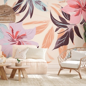 Abstract Boho Floral Tropical Wallpaper, Floral Wall Mural | Peel and Stick (Self Adhesive) or Non Adhesive Vinyl Paper