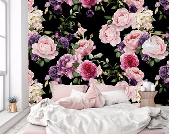 Purple and pink flowers wallpaper, floral clipart, home decor, wall decal, removable peel and stick wallpaper,art oil painting, pastel mural