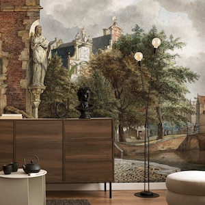 Vintage landscape wallpaper, old city, wall mural, scenic wallpaper | Peel and Stick (Self Adhesive) or Non Adhesive Vinyl Paper