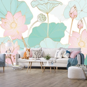 Pink and green flowers on a white background, floral pattern, wallpaper | self-adhesive, removable, peel and stick wall mural