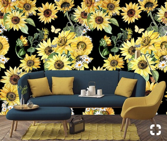 ひまわり柄壁紙、黒背景、貼ってはがせる花柄壁画 - Etsy 日本
