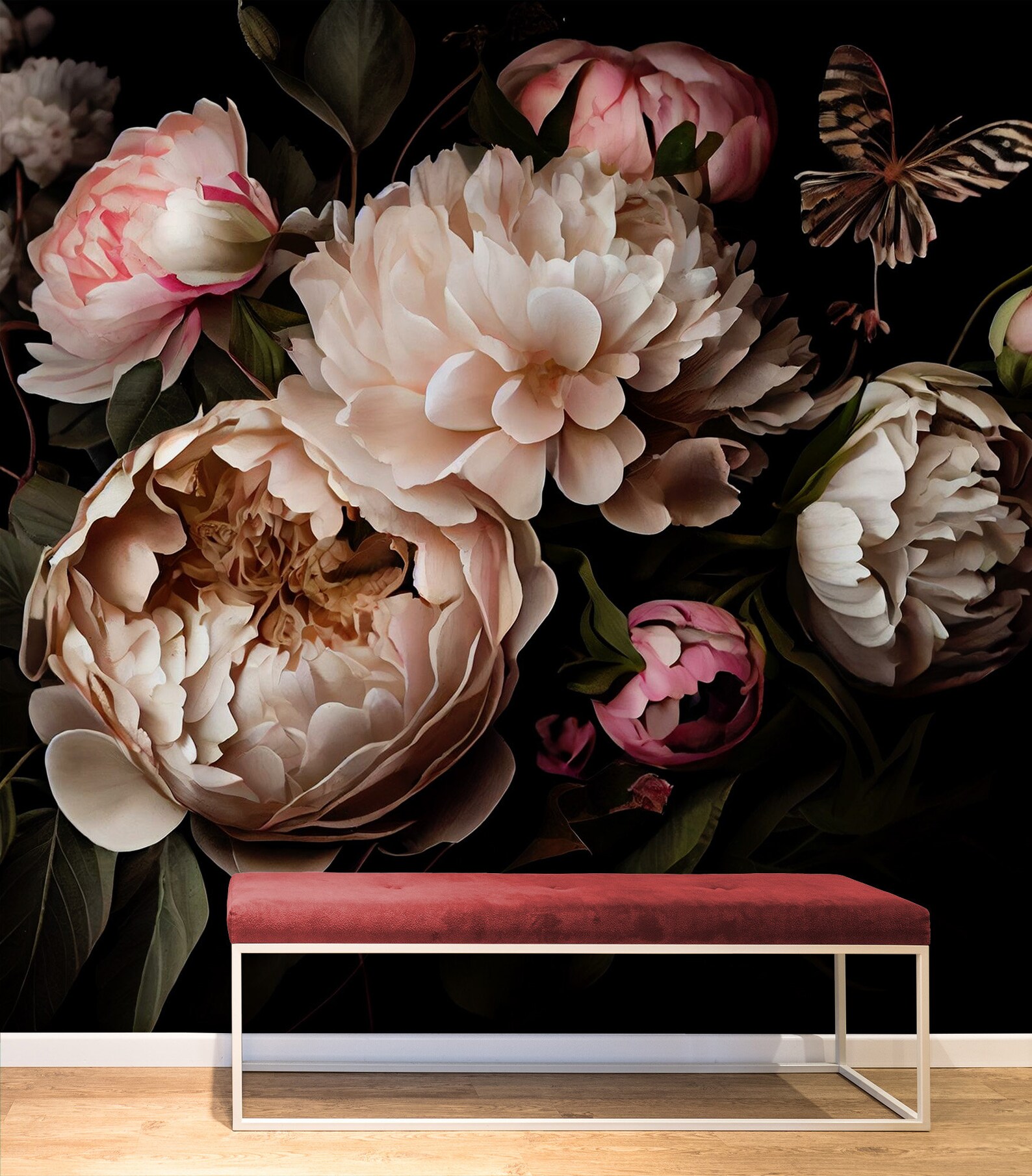 Dark Floral Peony Wallpaper, Abstract Bouquet Wall Mural, Peel and ...