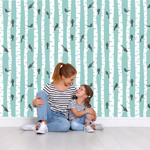 Nursery wallpaper - blue birds, black tree trunk and black raven wallpaper, art Peel and stick-Wall decor-Self, Adhesive Wall Mural-Reusable