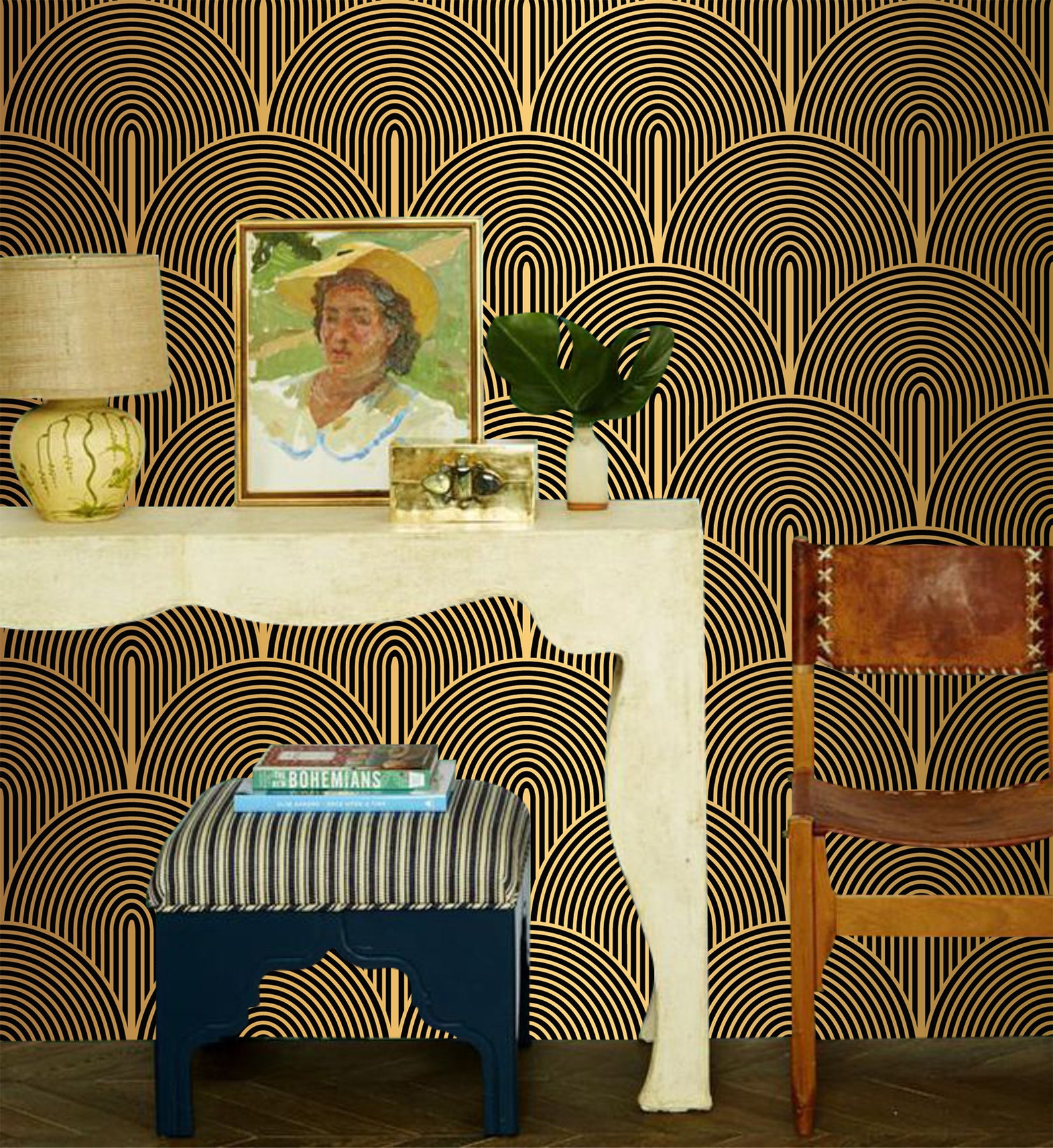 Geometric Wallpaper Black and Gold Selfadhesive Etsy