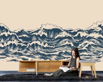 Waves painting wallpaper,japanese decor,oriental, wall decal, removable peel and stick wallpaper,clipart,wall decor,paper wall decor,sticker