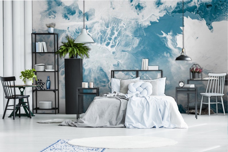 abstract acrylic aquatic art,creative wall blue Peel and stick-Wall decor Self Adhesive Wall Mural-Reusable Blue marble texture wallpaper