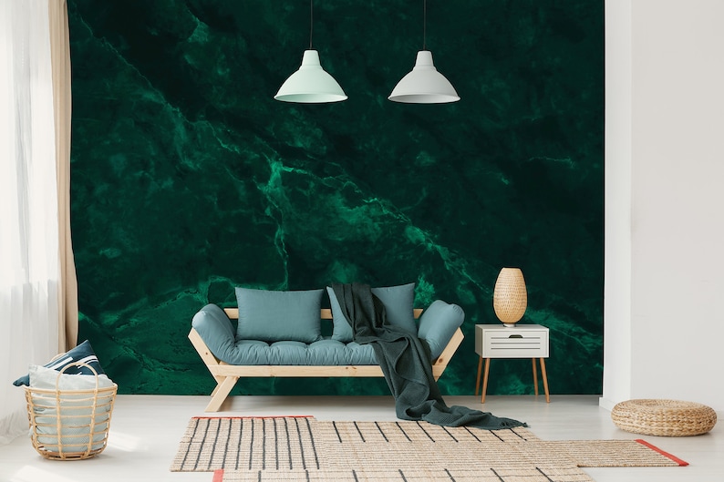 Emerald green abstract wallpaper, self adhesive, peel and stick wall mural image 1