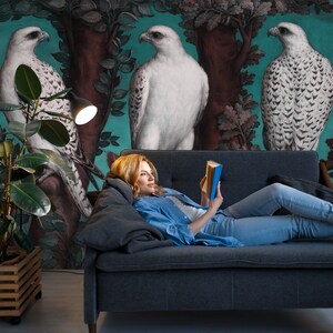 Abstrakte Vogel Tapete mit Baum | Abziehen und aufkleben (selbstklebend) oder nicht klebendes Vinylpapier