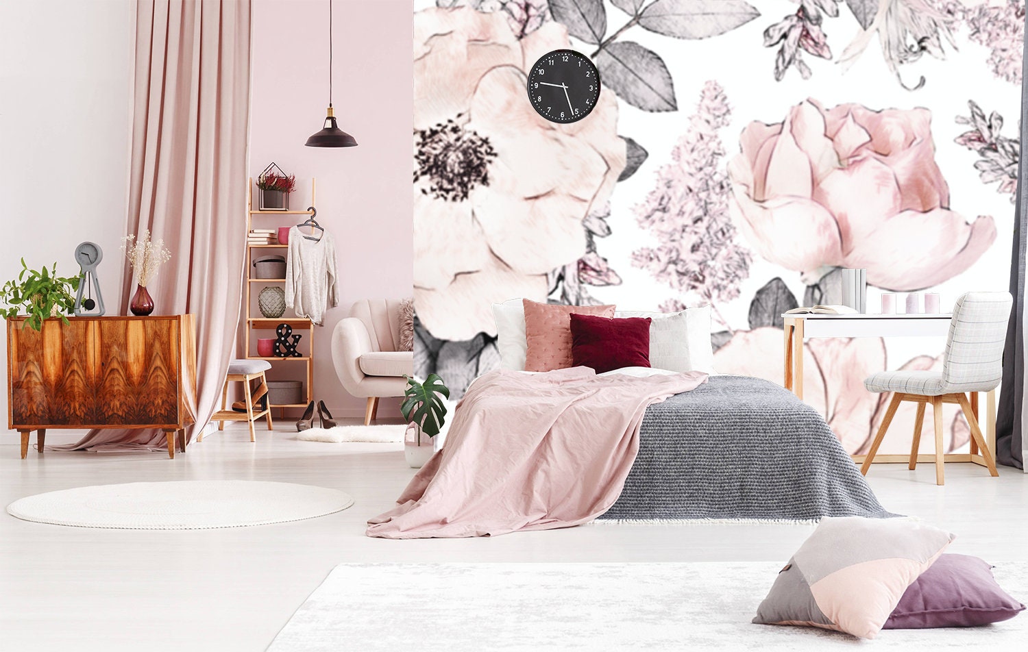 Vintage Pink Rose Wallpaper Floral Watercolor Mural Floral Etsy