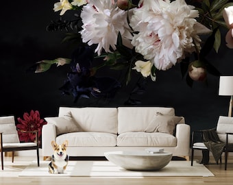 Vintage Floral Garden Wallpaper, Black Botanical Wall Mural, Peel and Stick