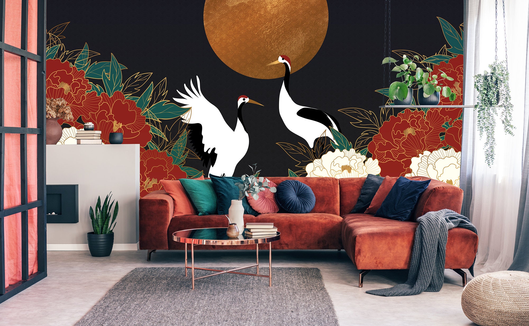 Oriental Style Wallpaper With Peony Flower Sun and Crane - Etsy Oriental Style Wallpaper With Peony Flower Sun and Crane - Etsy