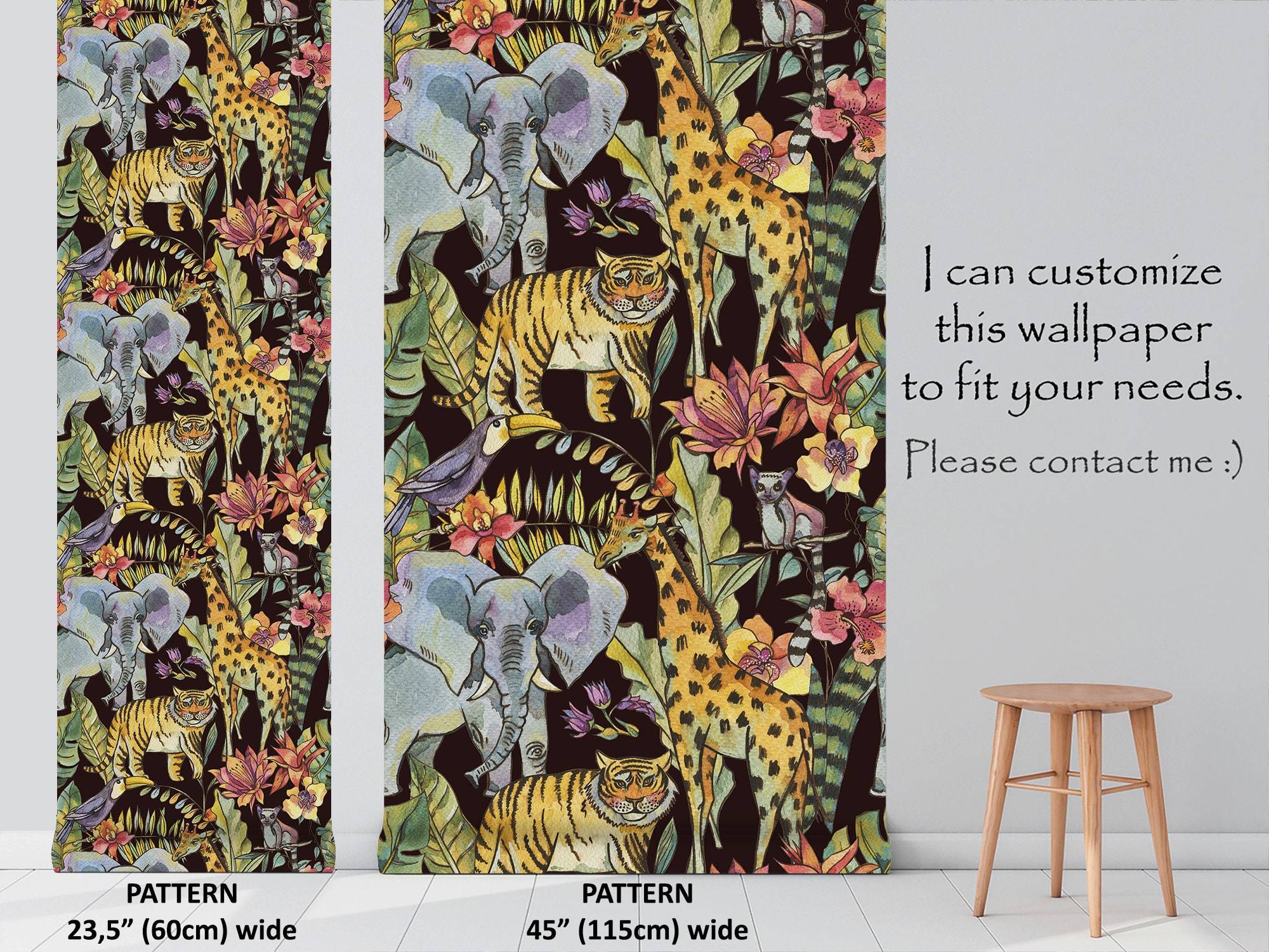 Wallpaper With Watercolor Jungle Animals, Peel and Stick Floral Wall ...