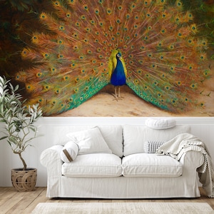 Peacock wall mural, bird wallpaper, vintage painting wall mural | Peel and Stick (Self Adhesive) or Non Adhesive Vinyl Paper