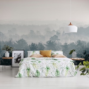 Pine winter forest in mist, peel and stick wall mural