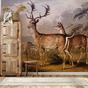 Landscape Wallpaper with Deers, Animal Vintage Wall Mural | Peel and Stick (Self Adhesive) or Non Adhesive Vinyl Paper