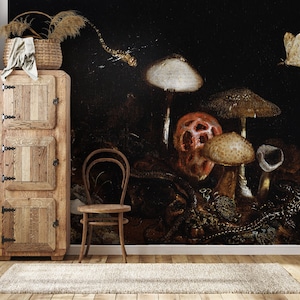Muchrooms wallpaper, vintage style dark botanical wall mural | Peel and Stick (Self Adhesive) or Non Adhesive Vinyl Paper
