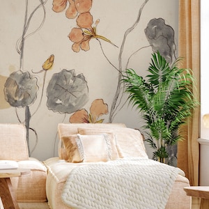 Warme Aquarell handgezeichnete Wiese Blumen Vintage Tapete | Abziehen und aufkleben (selbstklebend) oder nicht klebendes Vinylpapier