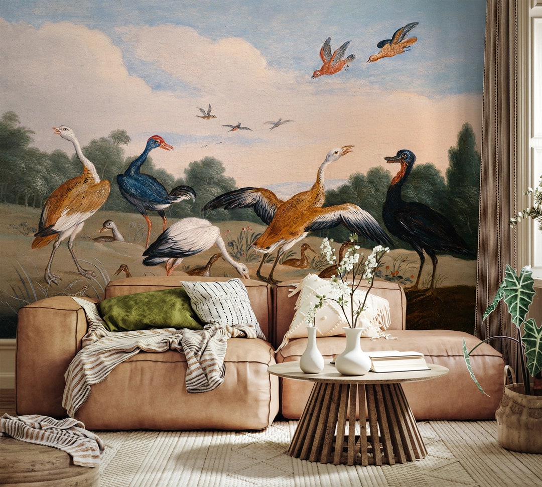 Birds Wallpaper, Vintage Painting Wall Mural | Peel and Stick (self ...