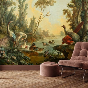 Vintage Paradisiac Sunny Lake Landschaft Wallpaper mit Vögeln | Abziehen und aufkleben (selbstklebend) oder nicht klebendes Vinylpapier