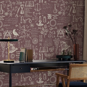 Faded burgundy alchemy motive wallpaper with ravens, bats, plants and mystic symbols* | self-adhesive, removable, peel and stick wall mural