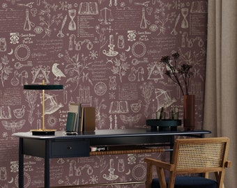 Papel de Parede Alquimia Borgonha, Corvos, Morcegos, Símbolos Místicos, Mural de Parede Removível