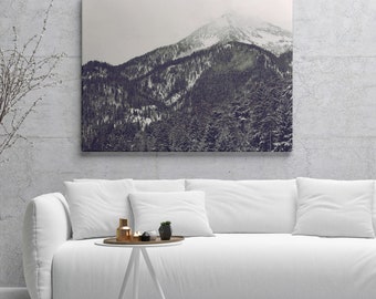 May include: A white couch with three pillows sits in front of a concrete wall with a black and white photograph of a snow-capped mountain range hanging above it.