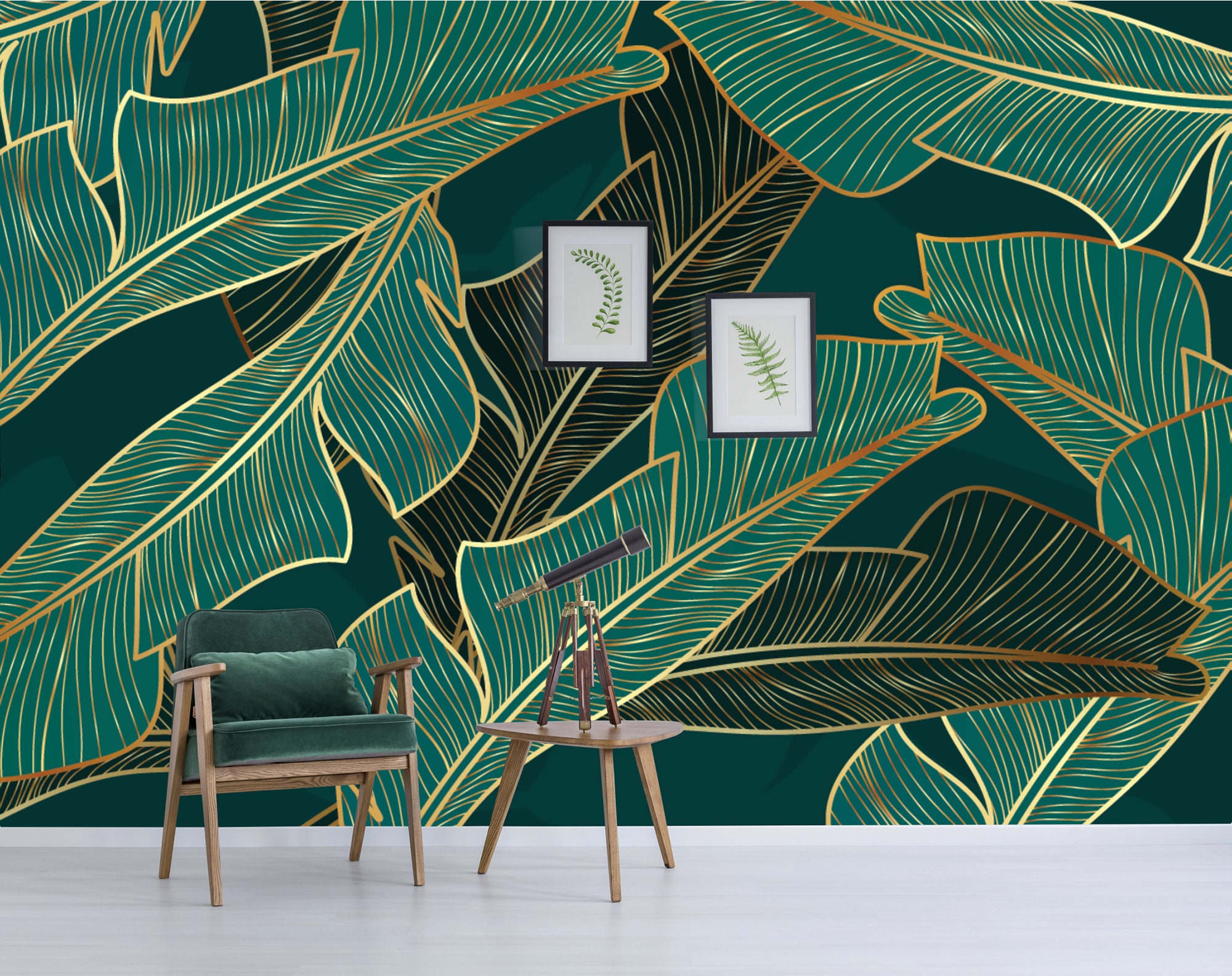 Tropical Leaf Wallpaper | Green & Gold Peel and Stick Wall Mural - Etsy