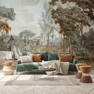 Vintage landscape wallpaper with bridge, wall mural | Peel and Stick (Self Adhesive) or Non Adhesive Vinyl Paper