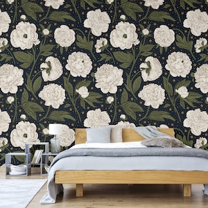 Navy wallpaper with stars and white flowers, self adhesive, peel and stick floral wall mural
