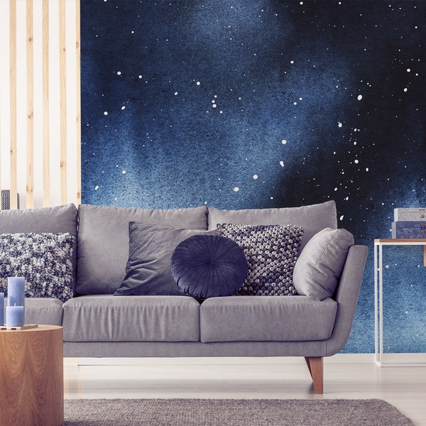 Starry night, watercolor dark night sky, peel and stick wall mural