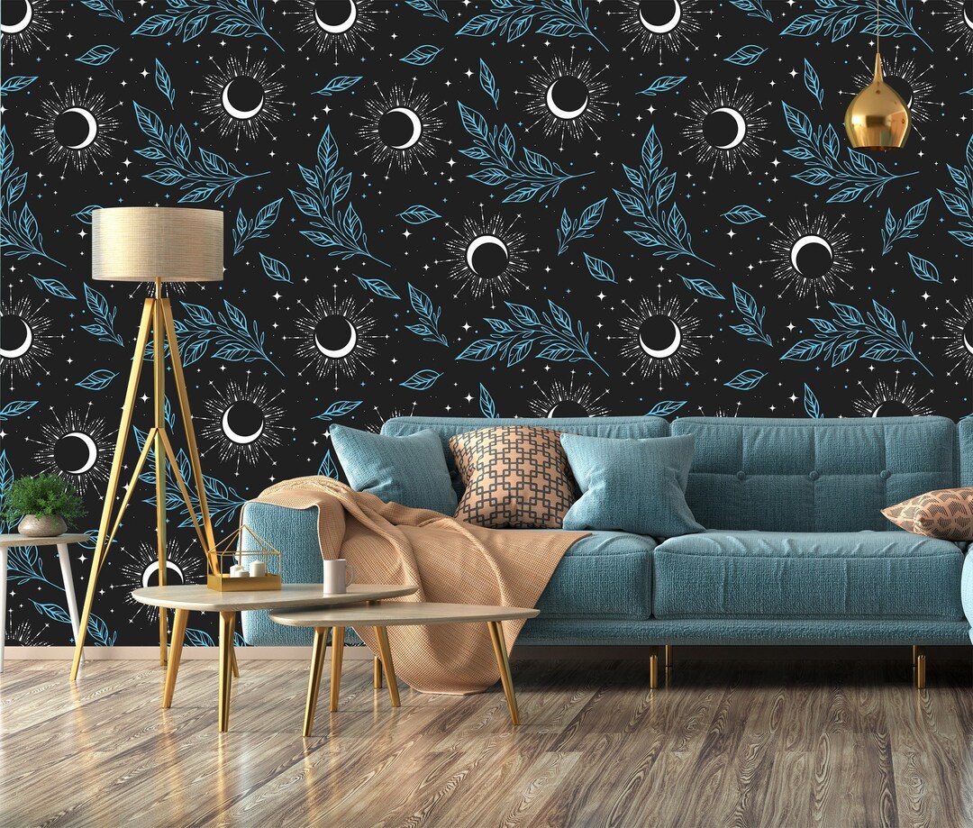 Dark Cosmic Wallpaper, Moon & Stars Celestial Print, Blue Leaf Pattern