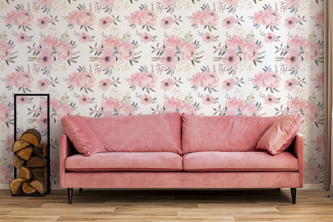 Pink Watercolor Flowers Pattern, Peel and Stick Wall Mural - Etsy