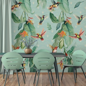 Kolibris & Tropische Blätter Minze Botanisches Wandbild* | Schälen und aufkleben (selbstklebend) oder nicht klebendes Vinylpapier